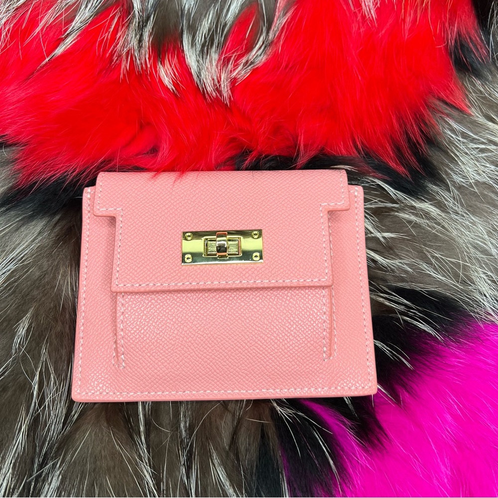 Pink Genuine Epsom Leather Coin Purse Compact Card Holder with Gold hardware.